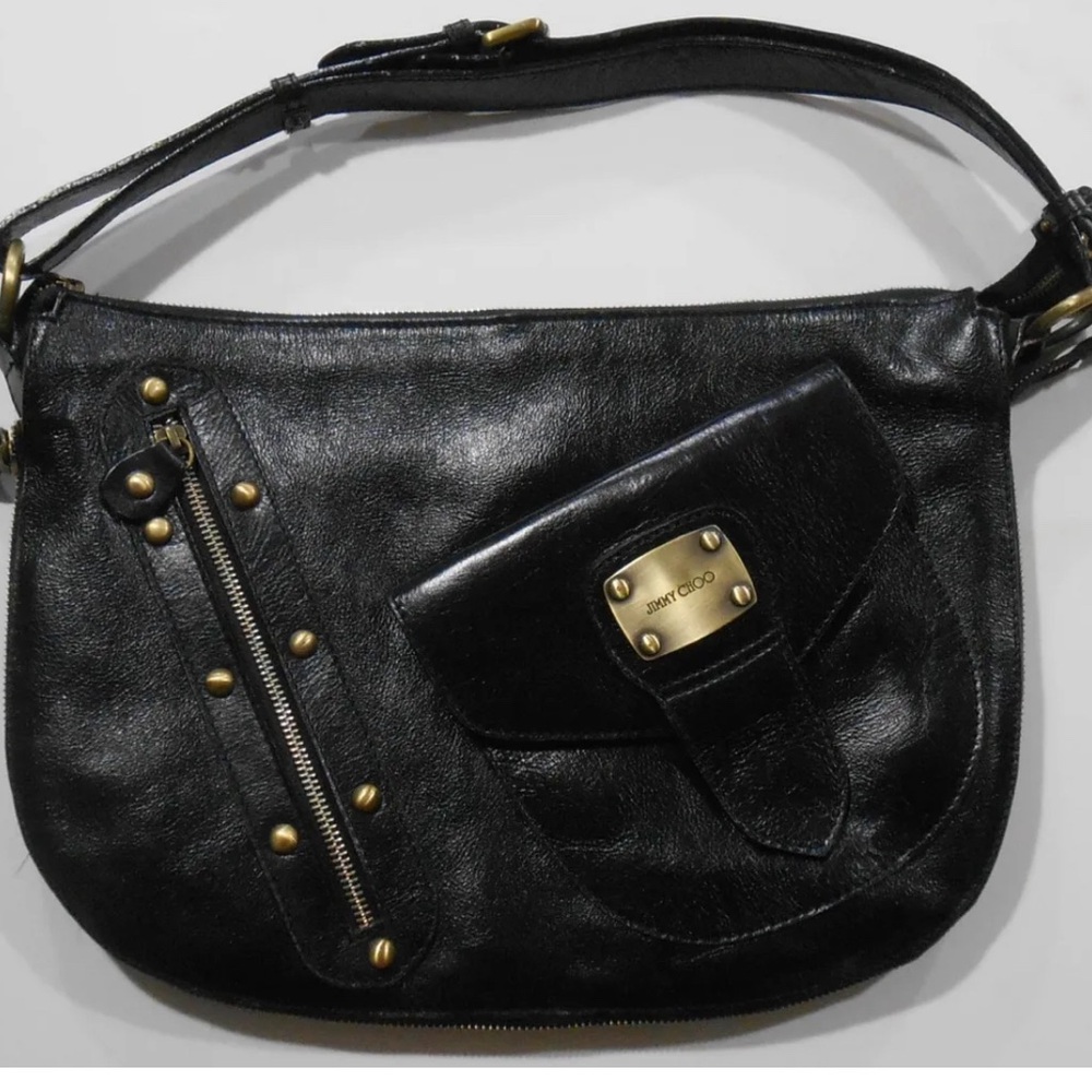 Jimmy Choo Black Leather Handbag Brass Hardware Zipper Outer Pockets,